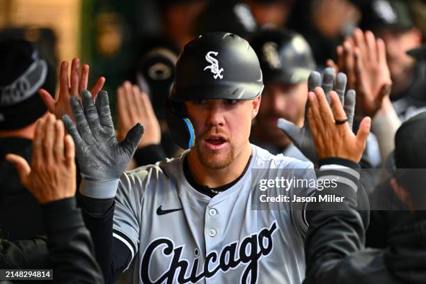 Gavin Sheets of the Chicago White Sox celebrates after hitting a three run homer during the third inning against the Cleveland Guardians at...