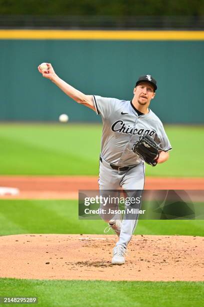 Starting pitcher Erick Fedde of the Chicago White Sox pitches during the first inning against the Cleveland Guardians at Progressive Field on April...
