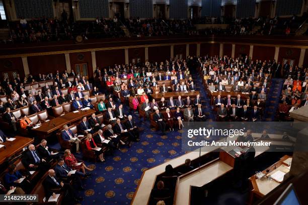 Japanese Prime Minister Fumio Kishida addresses a joint meeting of Congress in the House of Representatives at the U.S. Capitol on April 11, 2024 in...