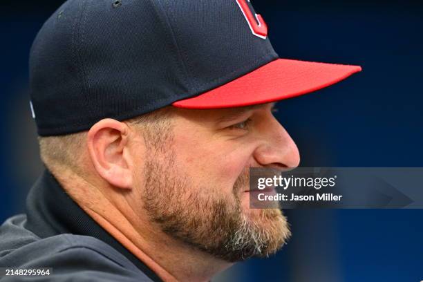 Manager Stephen Vogt of the Cleveland Guardians talks with teammates prior to the game between the Cleveland Guardians and the Chicago White Sox at...