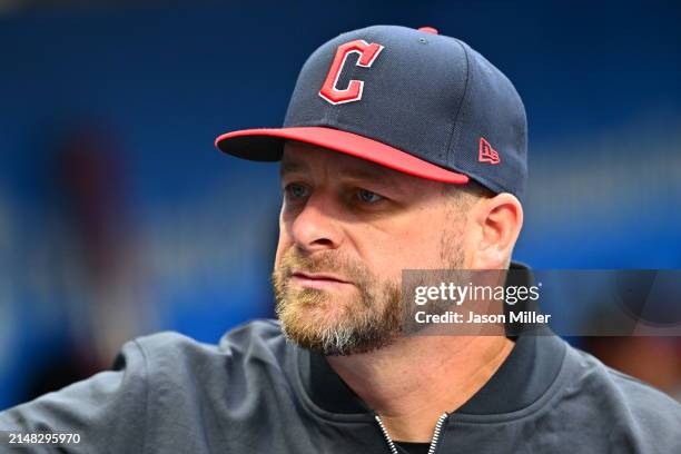 Manager Stephen Vogt of the Cleveland Guardians talks with teammates prior to the game between the Cleveland Guardians and the Chicago White Sox at...