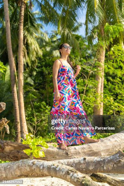 attractive woman walking alone in a peaceful natural setting. - tropical tree stock pictures, royalty-free photos & images