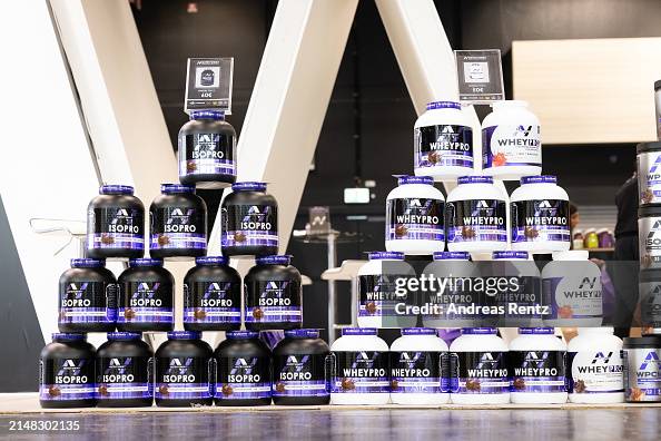 Fibo Box Protein concentrate boxes are seen on a nutrition booth at the FIBO ...