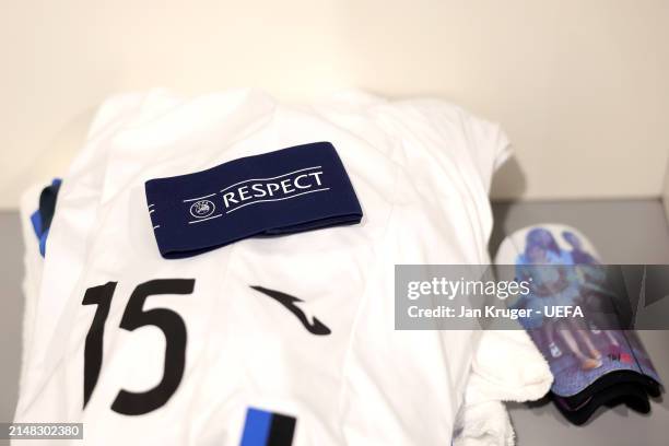 The UEFA Respect Captain's Armband is seen with the shorts of Marten de Roon inside the Atalanta BC dressing room prior to the UEFA Europa League...