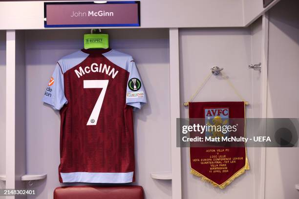 The shirt of John McGinn is displayed with the UEFA Respect Captain's Armband alongside the match pennant inside the Aston Villa dressing room prior...