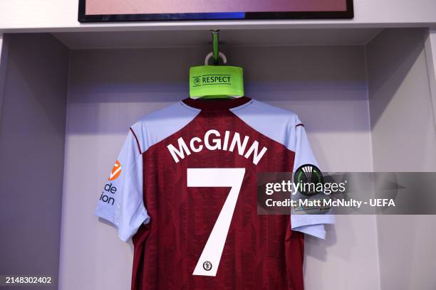 The shirt of John McGinn is displayed with the UEFA Respect Captain's Armband inside the Aston Villa dressing room prior to the UEFA Europa...
