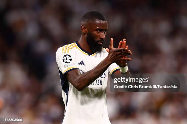 Antonio Rudiger of Real Madrid gestures during the UEFA Champions League quarter-final first leg match between Real Madrid CF and Manchester City at...