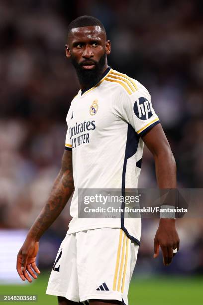 Antonio Rudiger of Real Madrid gestures during the UEFA Champions League quarter-final first leg match between Real Madrid CF and Manchester City at...