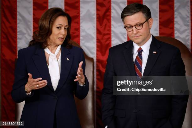 Vice President Kamala Harris and Speaker of the House Mike Johnson talk before the arrival of Japanese Prime Minister Fumio Kishida for a joint...