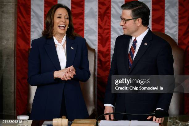 Vice President Kamala Harris and Speaker of the House Mike Johnson talk before the arrival of Japanese Prime Minister Fumio Kishida for a joint...