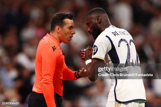 Antonio Rudiger of Real Madrid complains to the assistant referee during the UEFA Champions League quarter-final first leg match between Real Madrid...