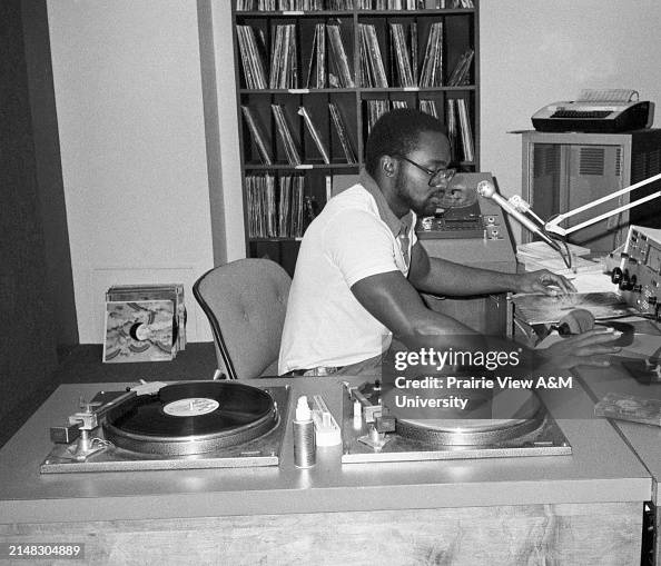 Getty Rudia Prairie View A&M University on air radio announcer operates the turn ...