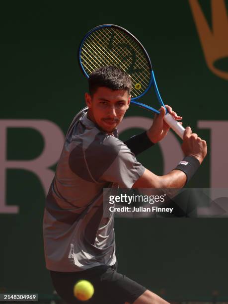 Alexei Popyrin of Australia in action against Alex De Minaur of Australia in the third round during day five of the Rolex Monte-Carlo Masters at...