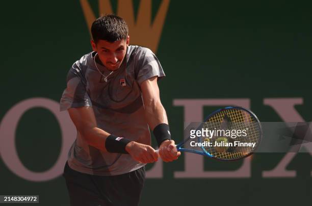 Alexei Popyrin of Australia in action against Alex De Minaur of Australia in the third round during day five of the Rolex Monte-Carlo Masters at...