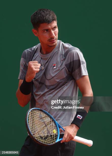 Alexei Popyrin of Australia celebrates against Alex De Minaur of Australia in the third round during day five of the Rolex Monte-Carlo Masters at...