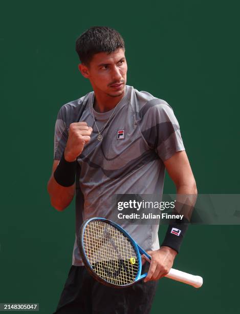 Alexei Popyrin of Australia celebrates against Alex De Minaur of Australia in the third round during day five of the Rolex Monte-Carlo Masters at...