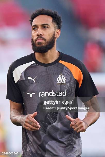 Pierre-Emerick Aubameyang of Olympique de Marseille warms up prior to the UEFA Europa League 2023/24 Quarter-Final first leg match between SL Benfica...