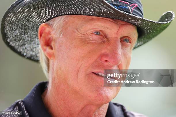 Greg Norman of Australia, CEO and Commissioner of the LIV Golf Tour, in amongst the patrons during the first round of the 2024 Masters Tournament at...