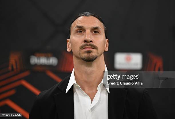 Zlatan Ibrahimovic of AC Milan attends before the UEFA Europa League 2023/24 Quarter-Final first leg match between AC Milan and AS Roma at Stadio...