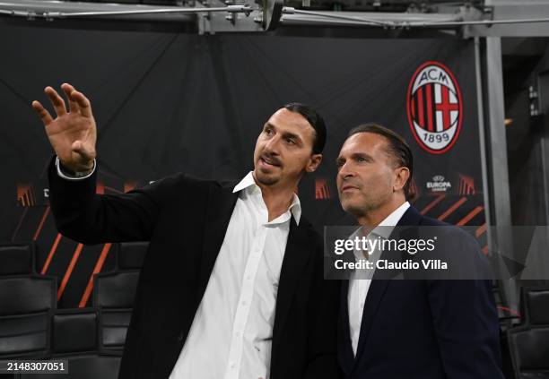 Milan owner Gerry Cardinale and Zlatan Ibrahimovic attend the UEFA Europa League 2023/24 Quarter-Final first leg match between AC Milan and AS Roma...