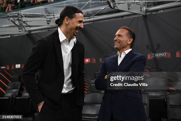 Milan owner Gerry Cardinale and Zlatan Ibrahimovic attend the UEFA Europa League 2023/24 Quarter-Final first leg match between AC Milan and AS Roma...