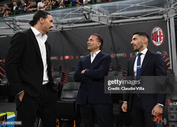 Milan owner Gerry Cardinale, Zlatan Ibrahimovic and Geoffrey Moncada attend the UEFA Europa League 2023/24 Quarter-Final first leg match between AC...