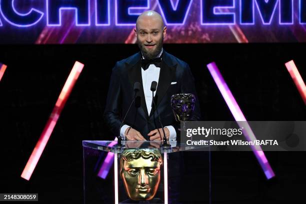 Janne Pulkkinen accepts the Artistic Achievement Award for 'Alan Wake 2' during the BAFTA Games Awards 2024 at the Queen Elizabeth Hall on April 11,...