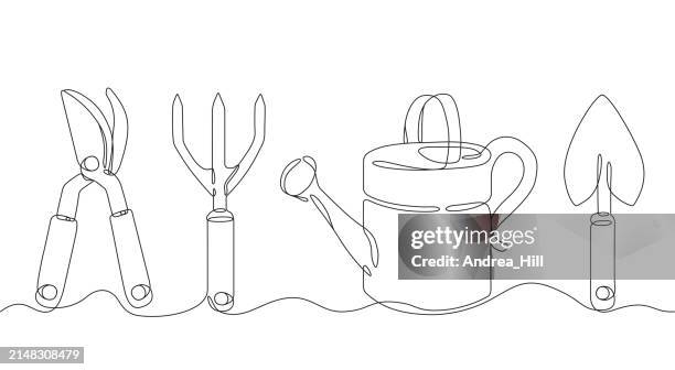 ilustraciones, imágenes clip art, dibujos animados e iconos de stock de herramientas de jardinería dibujo de una sola línea con trazo editable - artículos de jardín