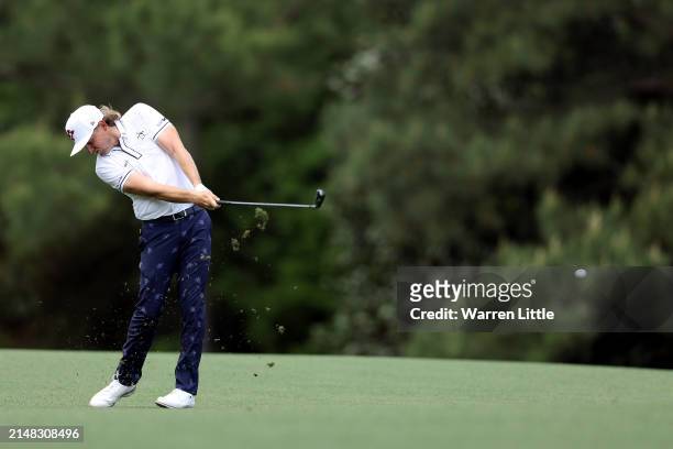Cameron Smith of Australia plays a shot on the fifth hole during the first round of the 2024 Masters Tournament at Augusta National Golf Club on...
