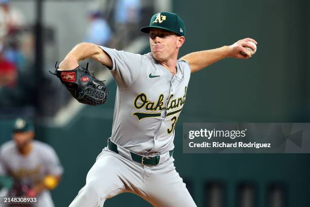 Sears of the Oakland Athletics pitches in the first inning against the Texas Rangers at Globe Life Field on April 11, 2024 in Arlington, Texas.