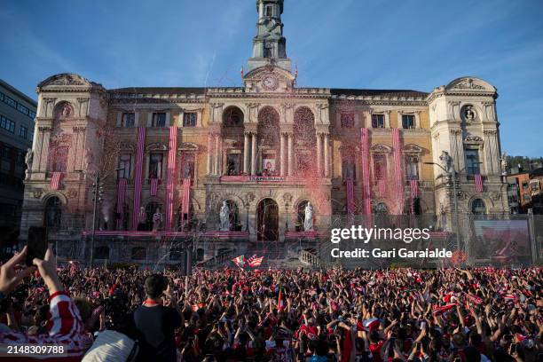 Athletic Club players celebrate in the Town Hall after winning the Spanish Copa del Rey cup Final against RCD Mallorca on April 11, 2024 in Bilbao,...