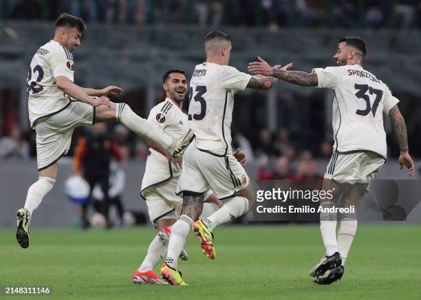 Gianluca Mancini of AS Roma celebrates after scoring the team's first goal with teammates Stephan El Shaarawy, Leonardo Spinazzola and Zeki Celik...