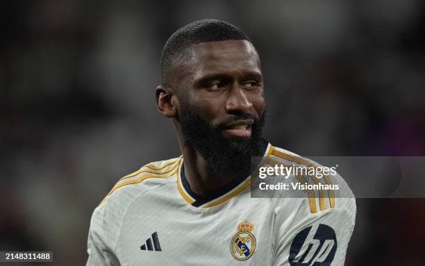 Antonio Ruediger of Real Madrid looks on during the UEFA Champions League quarter-final first leg match between Real Madrid CF and Manchester City at...