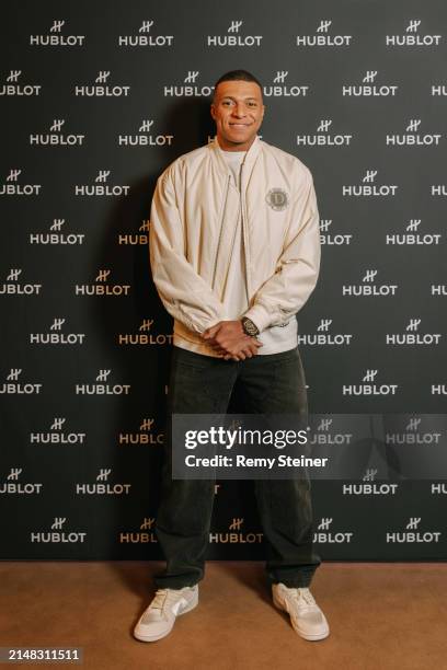 Hublot Brand Ambassador Kylian Mbappe appears at the launch of the Hublot Big Bang e UEFA EURO 2024 official watch on April 11, 2024 in Geneva,...