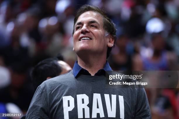 Mark Cuban of the Dallas Mavericks looks on during the second quarter of the game against the Miami Heat at Kaseya Center on April 10, 2024 in Miami,...