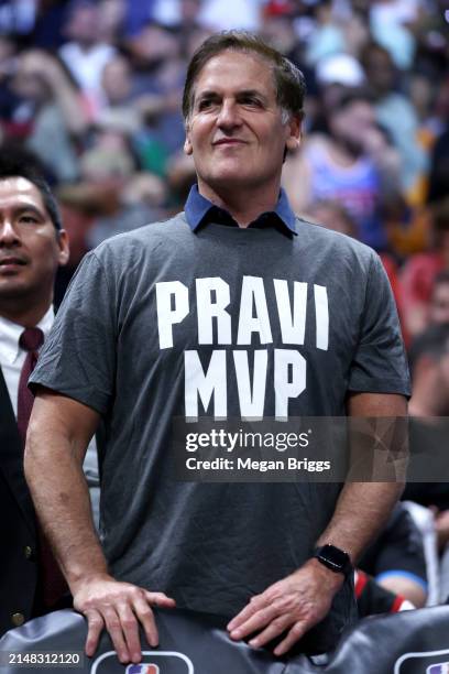 Mark Cuban of the Dallas Mavericks looks on during the second quarter of the game against the Miami Heat at Kaseya Center on April 10, 2024 in Miami,...