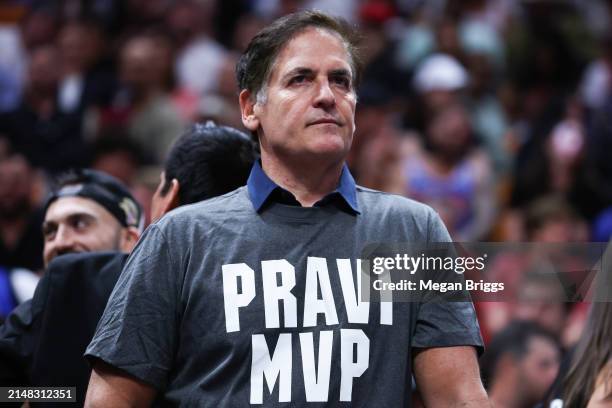 Mark Cuban of the Dallas Mavericks looks on during the second quarter of the game against the Miami Heat at Kaseya Center on April 10, 2024 in Miami,...