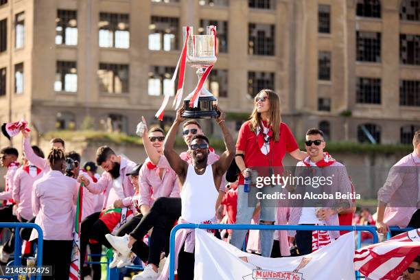 Inaki Williams of Athletic Club celebrate their Copa del Rey winners' tittle in the traditional trophy parade with the “Gabarra” in the Bilbao...