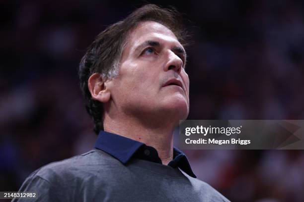 Mark Cuban of the Dallas Mavericks looks on during the third quarter of the game against the Miami Heat at Kaseya Center on April 10, 2024 in Miami,...