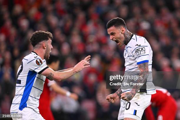 Gianluca Scamacca of Atalanta BC celebrates with Matteo Ruggeri of Atalanta BC after scoring his team's first goal during the UEFA Europa League...