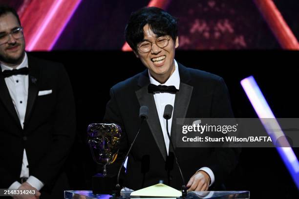 Koichi Hatakeyama accepts the Animation Award for 'Hi-Fi Rush' during the BAFTA Games Awards 2024 at the Queen Elizabeth Hall on April 11, 2024 in...