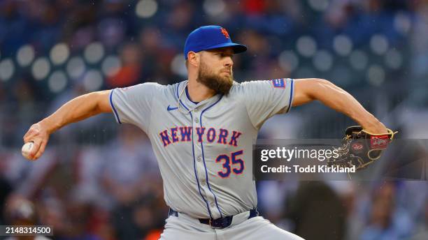 Adrian Houser of the New York Mets delivers the pitch during the first inning against the Atlanta Braves at Truist Park on April 9, 2024 in Atlanta,...