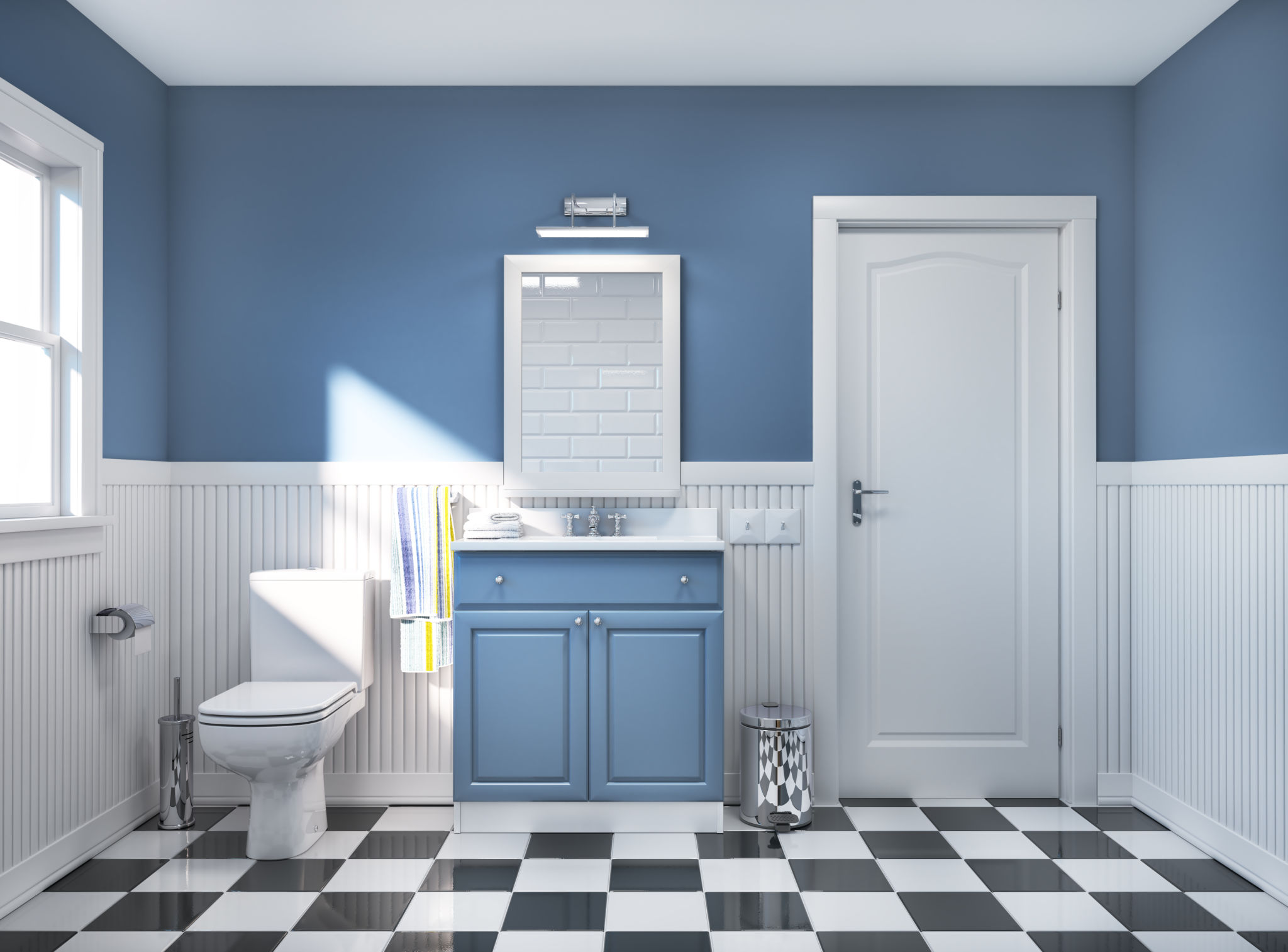 American style bathroom interior with a blue walls and checkered floor. 3d illustration American style bathroom interior with a blue walls and checkered floor. 3d illustration