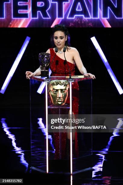 Samantha Beart presents the Game Beyond Entertainment Award during the BAFTA Games Awards 2024 at the Queen Elizabeth Hall on April 11, 2024 in...