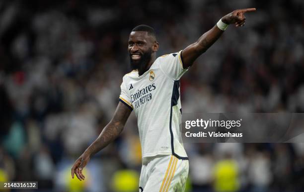Antonio Ruediger of Real Madrid gestures during the UEFA Champions League quarter-final first leg match between Real Madrid CF and Manchester City at...