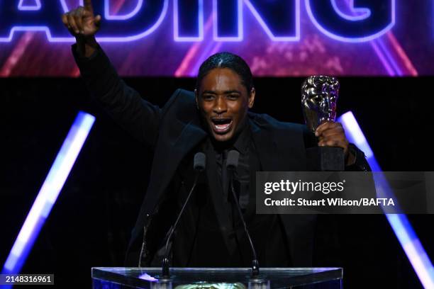 Nadji Jeter accepts the Performer in a Leading Role Award for the portrayal of Miles Morales in 'Marvel's Spider-Man 2' during the BAFTA Games Awards...