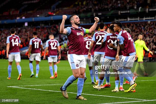 John McGinn of Aston Villa celebrates scoring his team's second goal during the UEFA Europa Conference League 2023/24 Quarter-final first leg match...