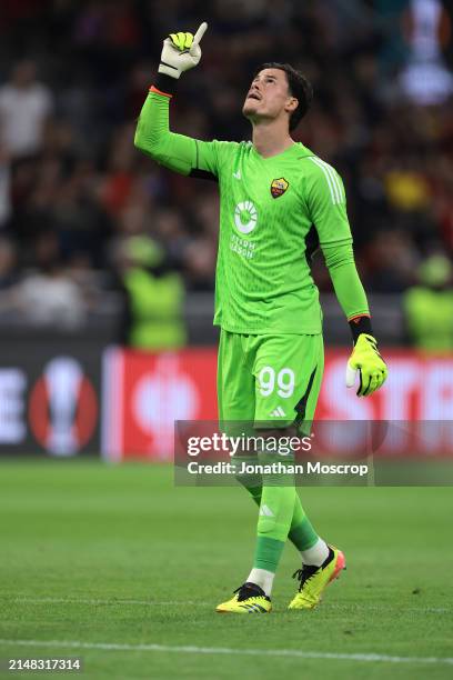 Mile Svilar of AS Roma celebrates after team mate Gianluca Mancini scored to give the side a 1-0 lead during the UEFA Europa League 2023/24...