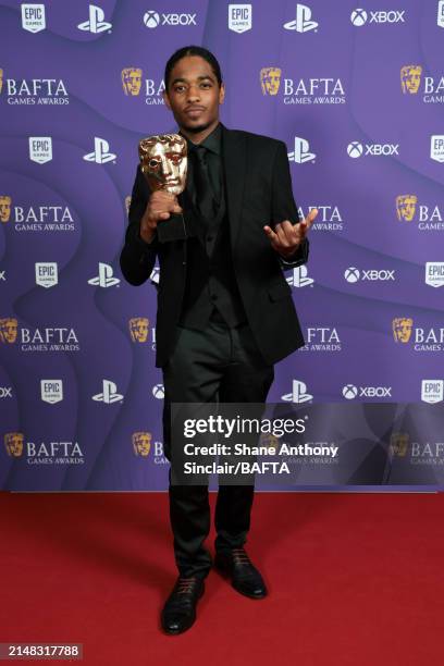 Nadji Jeter with the Performer in a Leading Role Award for the portrayal of Miles Morales in 'Marvel's Spider-Man 2' during the BAFTA Games Awards...