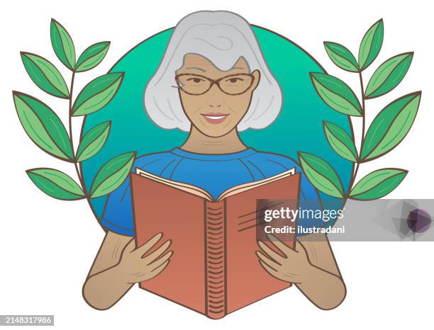senior woman reading book - mature woman hobby stock illustrations